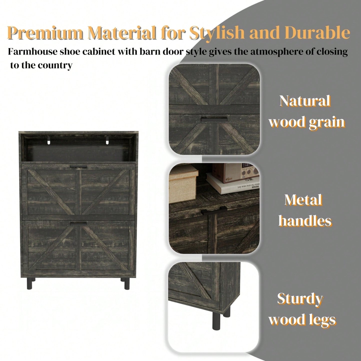 Farmhouse Style Shoe Storage Cabinet With Barn Door, Freestanding Narrow Organizer With 2 Flip Drawers And Hooks For Entryway Hallway Foyer Dark Oak