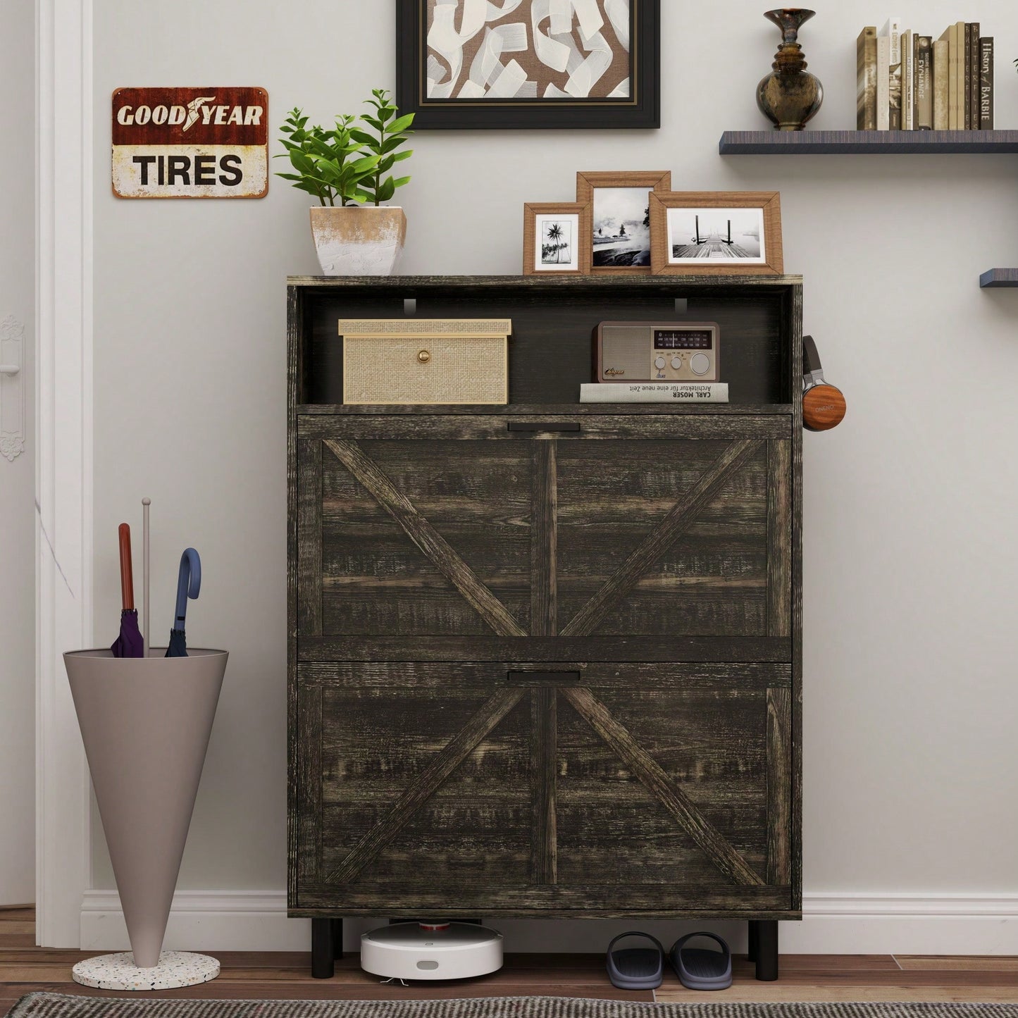Farmhouse Style Shoe Storage Cabinet With Barn Door, Freestanding Narrow Organizer With 2 Flip Drawers And Hooks For Entryway Hallway Foyer Dark Oak