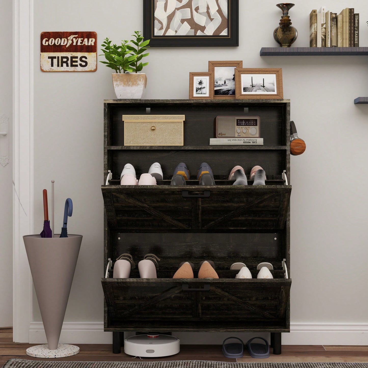 Farmhouse Style Shoe Storage Cabinet With Barn Door, Freestanding Narrow Organizer With 2 Flip Drawers And Hooks For Entryway Hallway Foyer Dark Oak