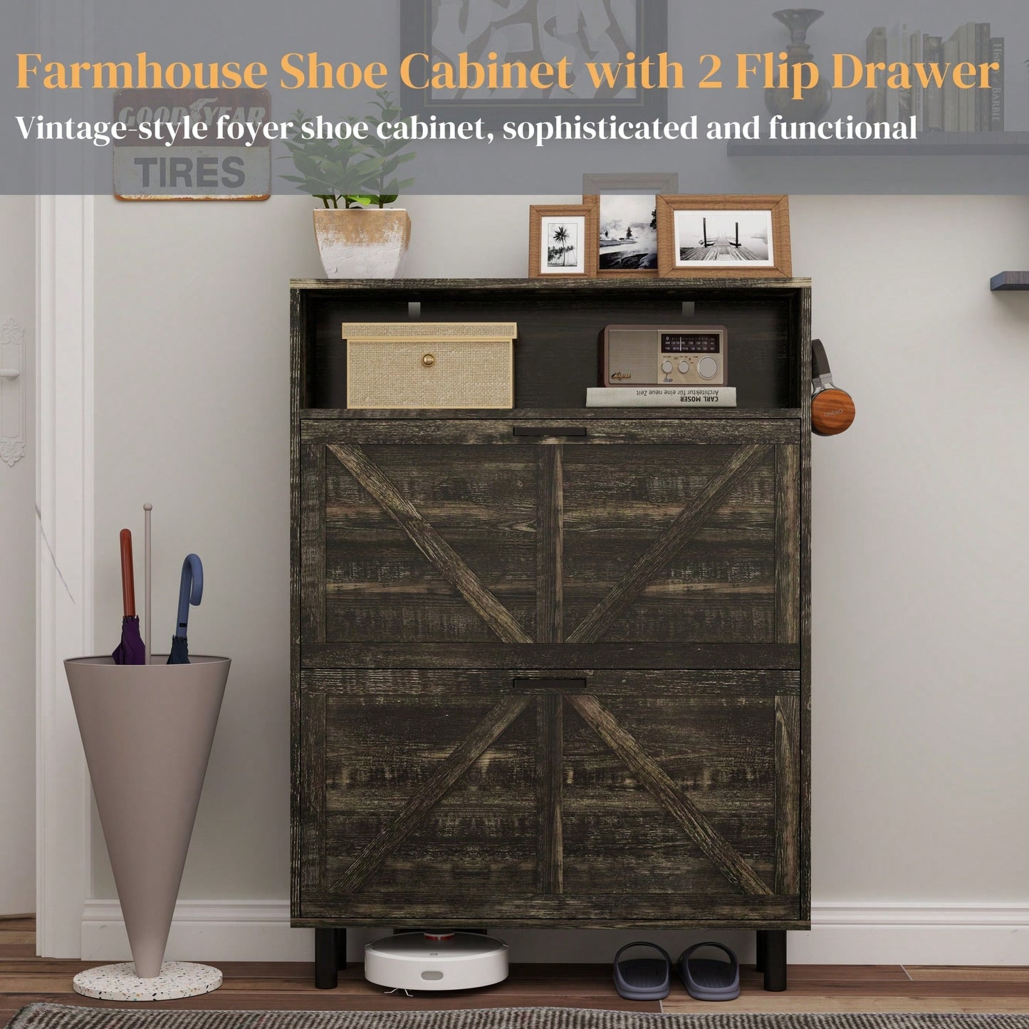 Farmhouse Style Shoe Storage Cabinet With Barn Door, Freestanding Narrow Organizer With 2 Flip Drawers And Hooks For Entryway Hallway Foyer Dark Oak