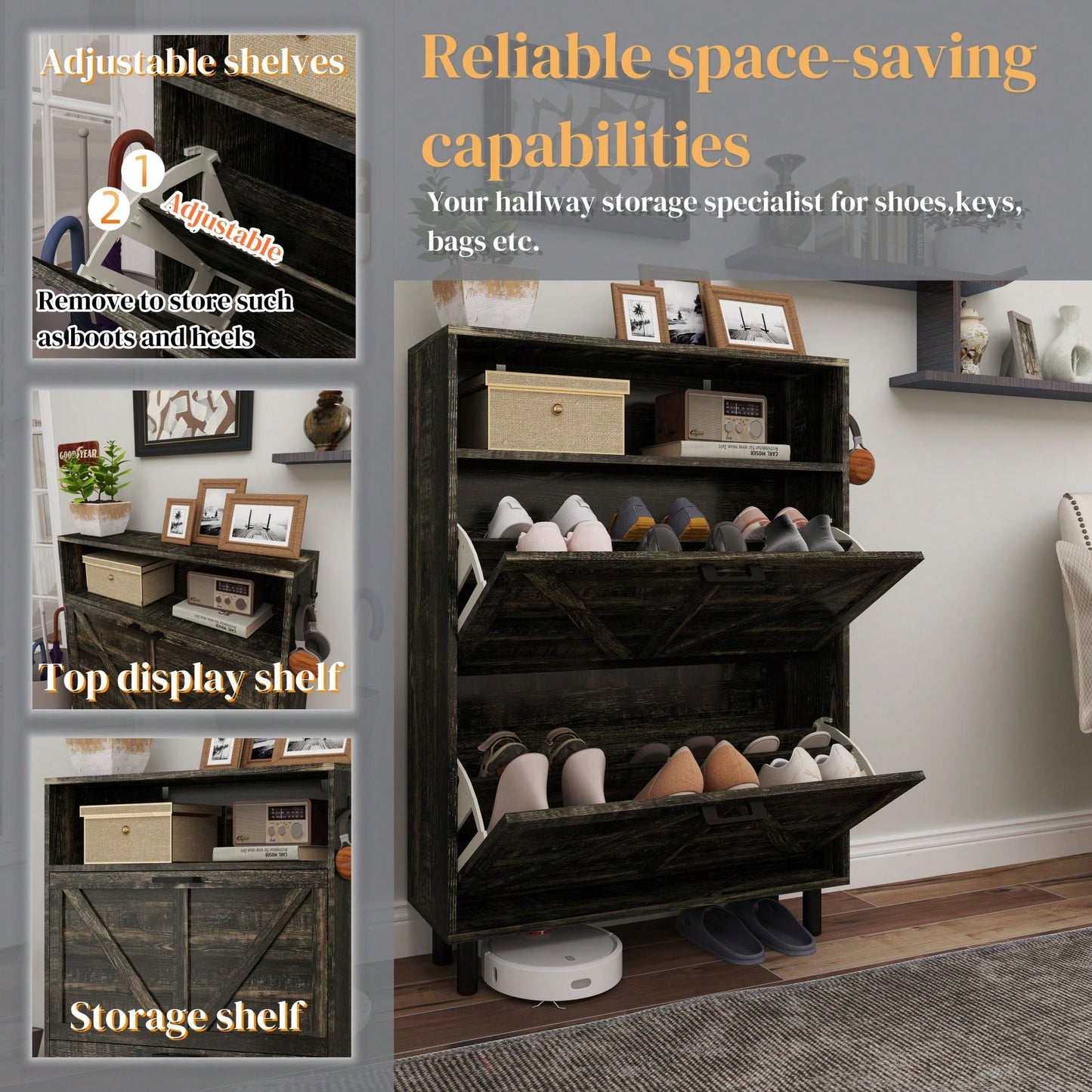 Farmhouse Style Shoe Storage Cabinet With Barn Door, Freestanding Narrow Organizer With 2 Flip Drawers And Hooks For Entryway Hallway Foyer Dark Oak