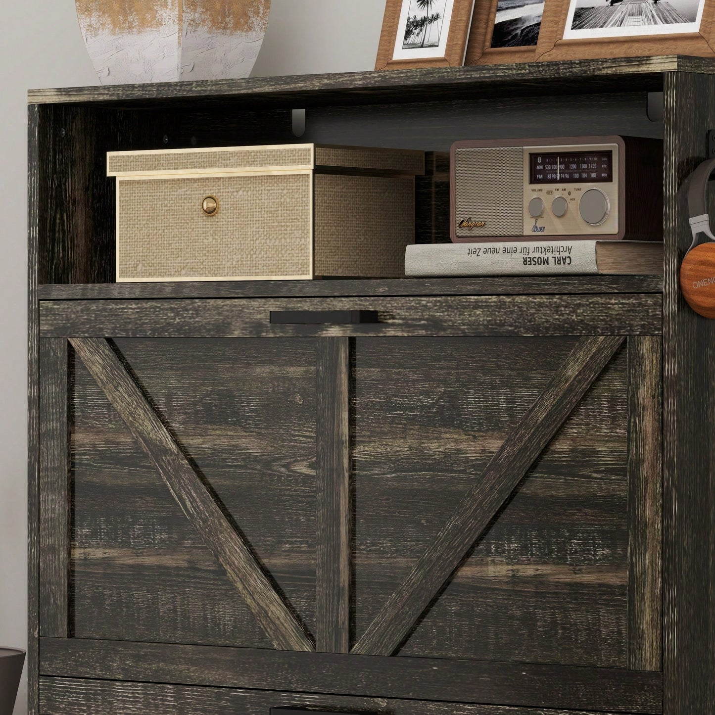 Farmhouse Style Shoe Storage Cabinet With Barn Door, Freestanding Narrow Organizer With 2 Flip Drawers And Hooks For Entryway Hallway Foyer Dark Oak