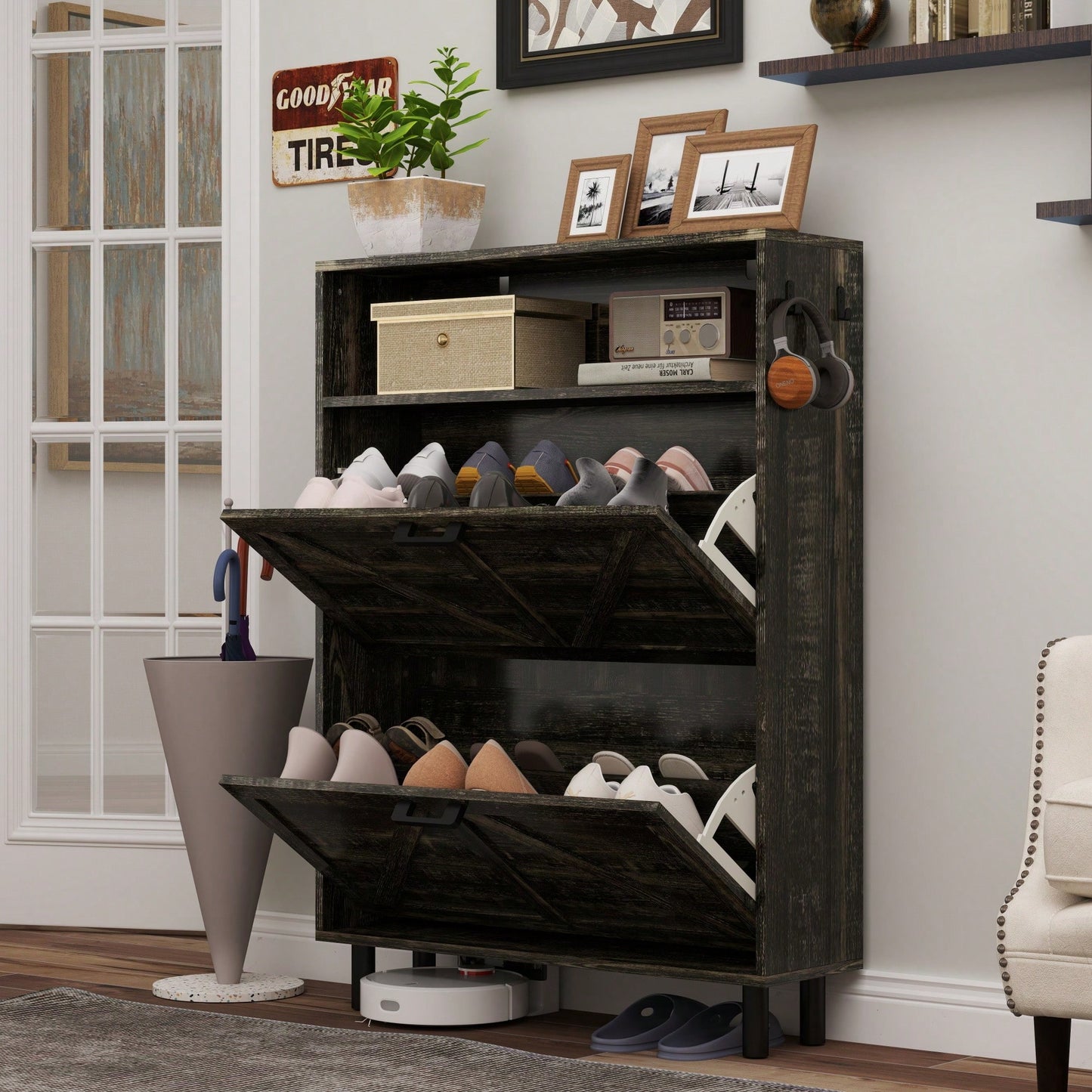 Farmhouse Style Shoe Storage Cabinet With Barn Door, Freestanding Narrow Organizer With 2 Flip Drawers And Hooks For Entryway Hallway Foyer Dark Oak
