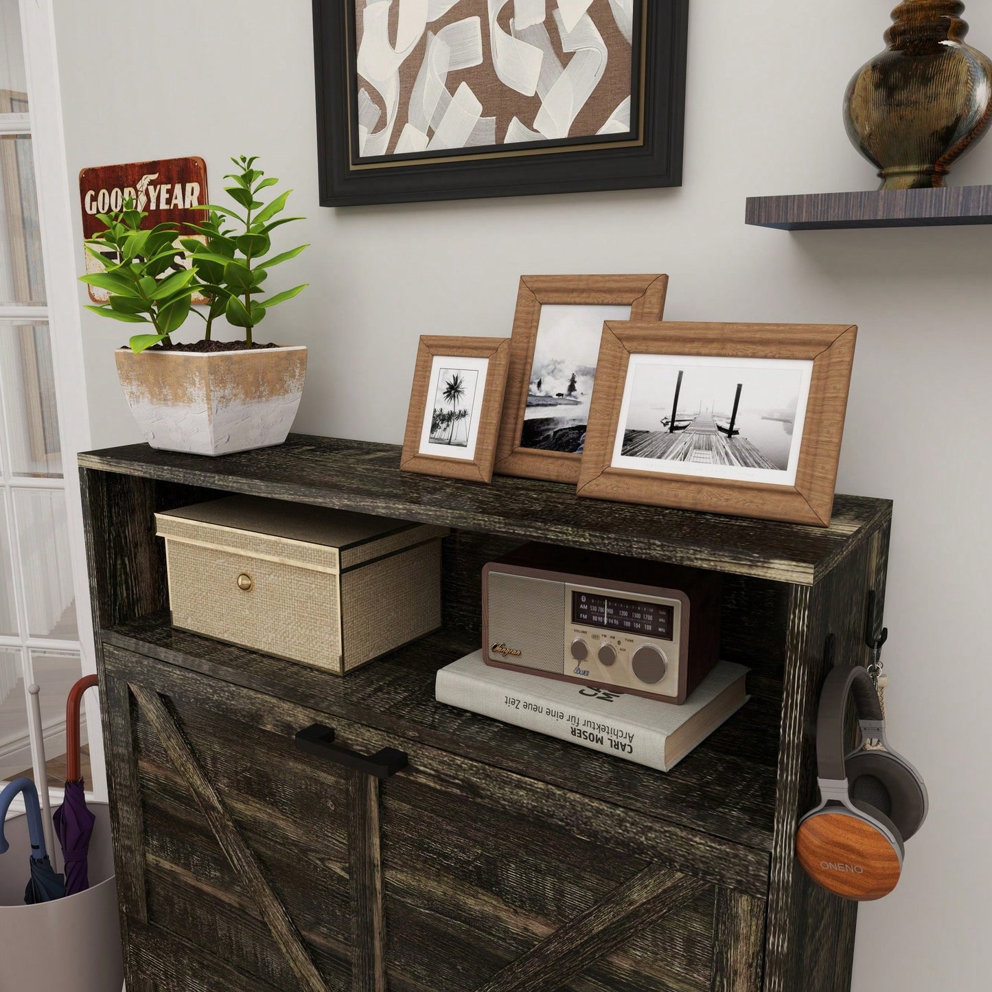 Farmhouse Style Shoe Storage Cabinet With Barn Door, Freestanding Narrow Organizer With 2 Flip Drawers And Hooks For Entryway Hallway Foyer Dark Oak