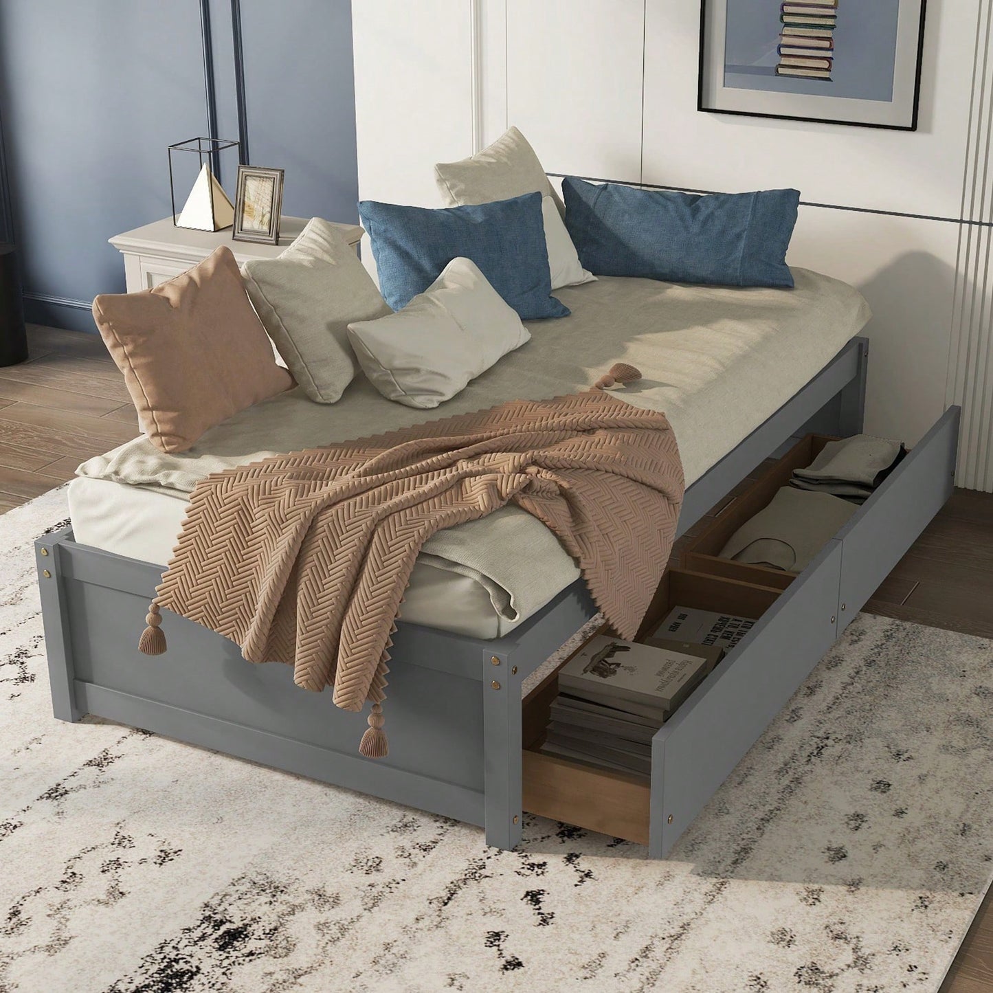 Solid Wood Twin Bed With 2 Storage Drawers, No Box Spring Required, Grey Finish