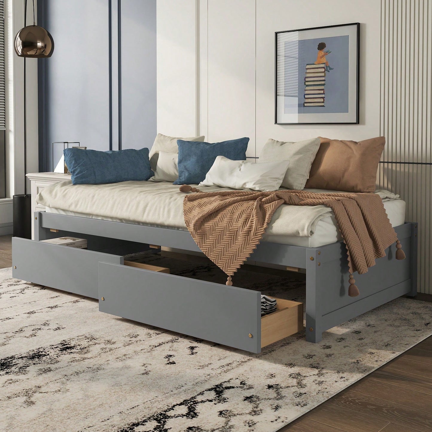 Solid Wood Twin Bed With 2 Storage Drawers, No Box Spring Required, Grey Finish