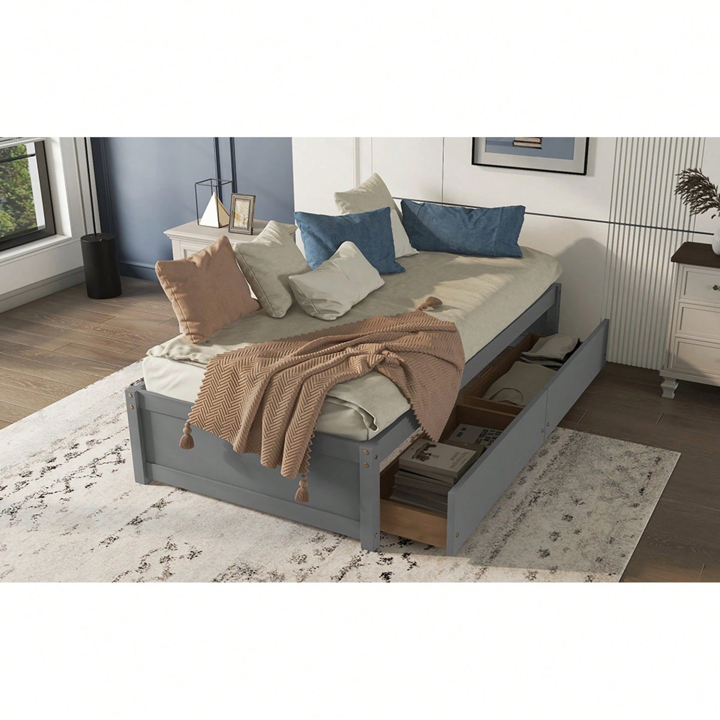 Solid Wood Twin Bed With 2 Storage Drawers, No Box Spring Required, Grey Finish