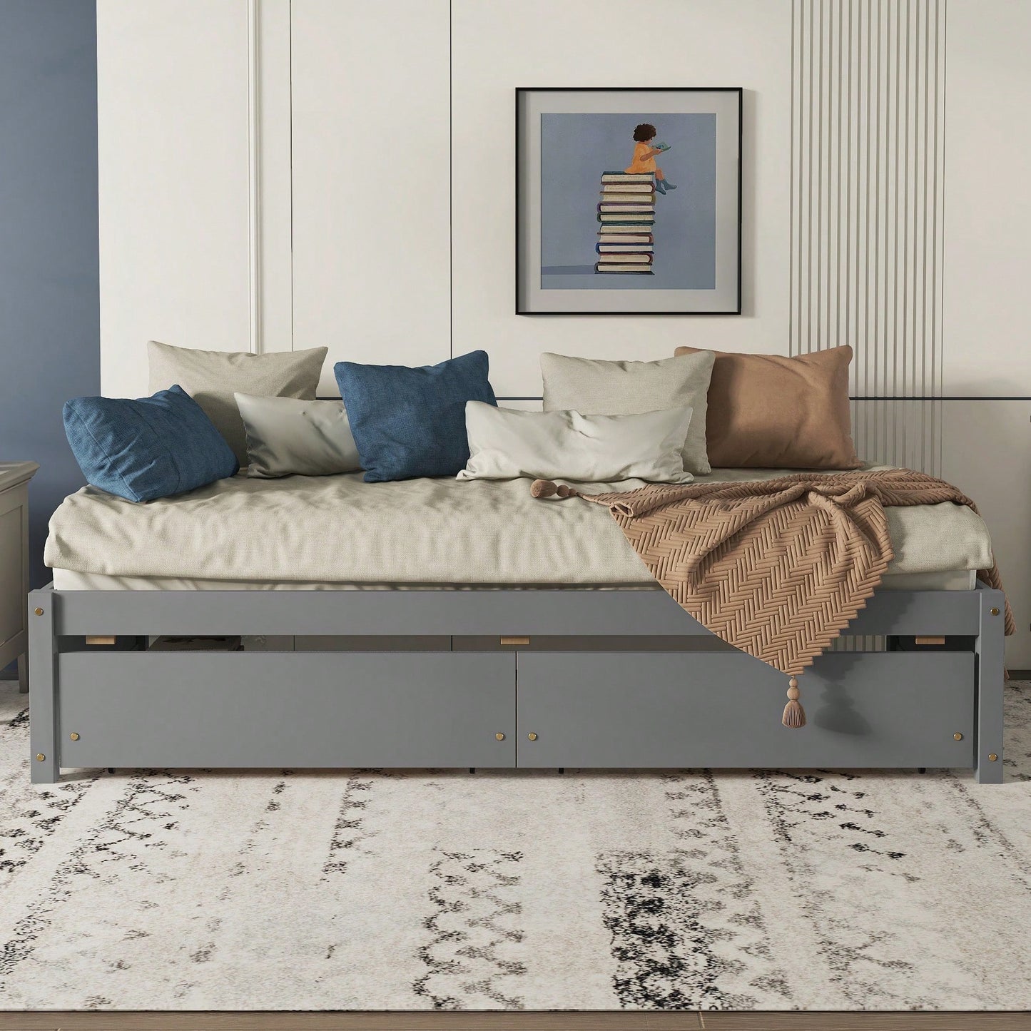Solid Wood Twin Bed With 2 Storage Drawers, No Box Spring Required, Grey Finish
