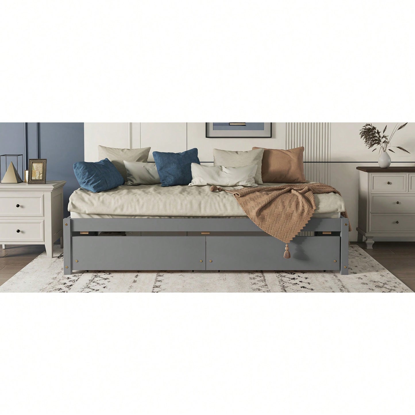 Solid Wood Twin Bed With 2 Storage Drawers, No Box Spring Required, Grey Finish