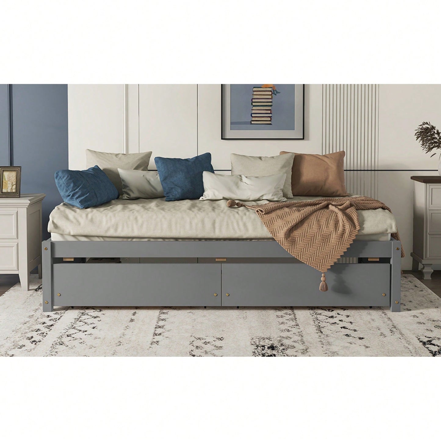 Solid Wood Twin Bed With 2 Storage Drawers, No Box Spring Required, Grey Finish