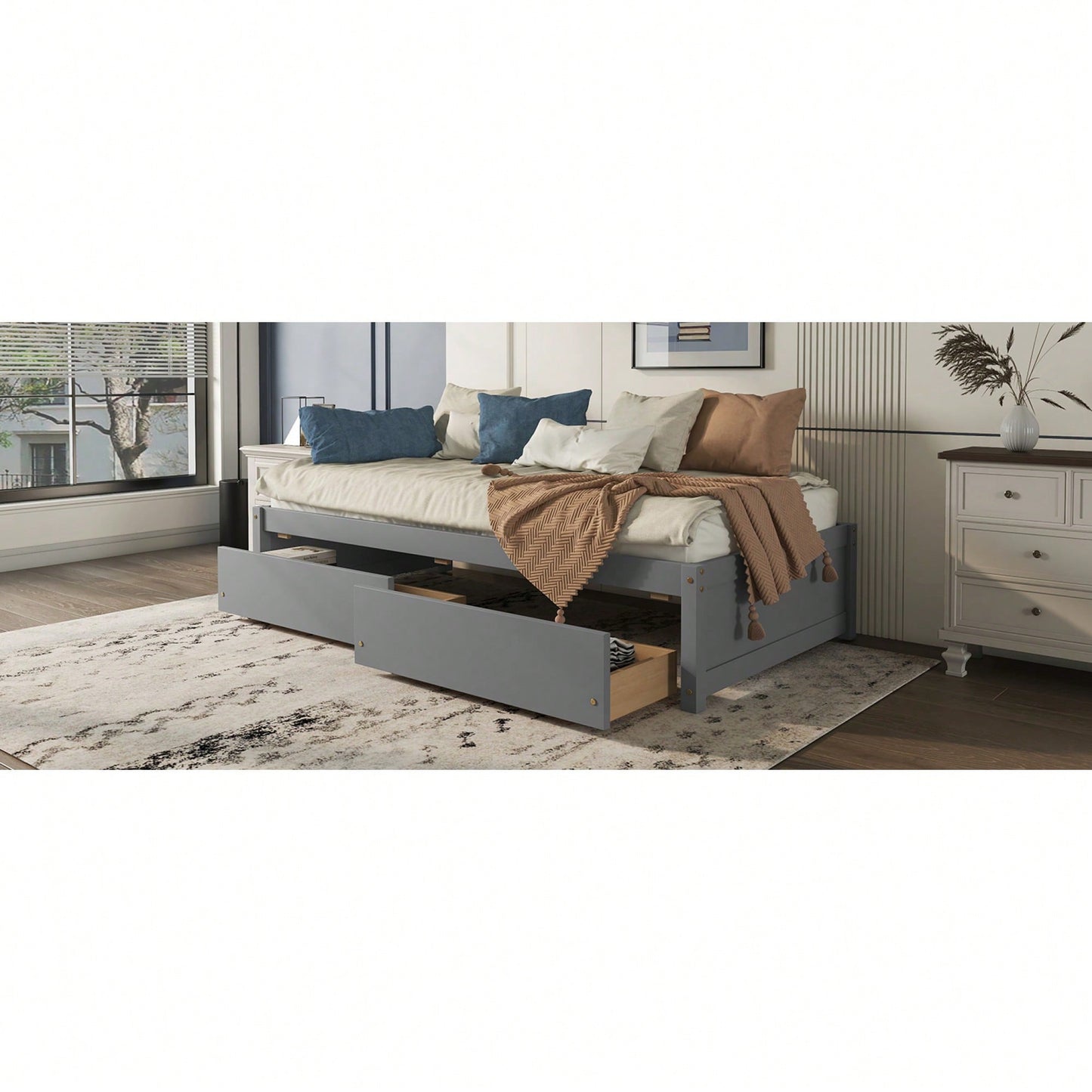 Solid Wood Twin Bed With 2 Storage Drawers, No Box Spring Required, Grey Finish