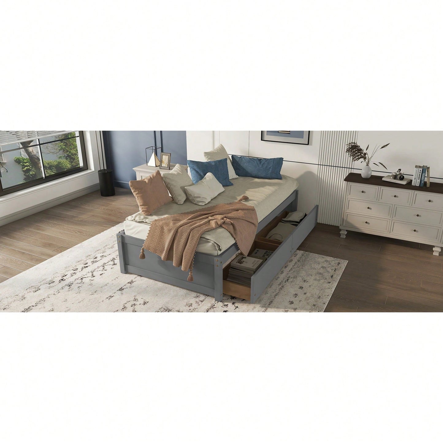 Solid Wood Twin Bed With 2 Storage Drawers, No Box Spring Required, Grey Finish