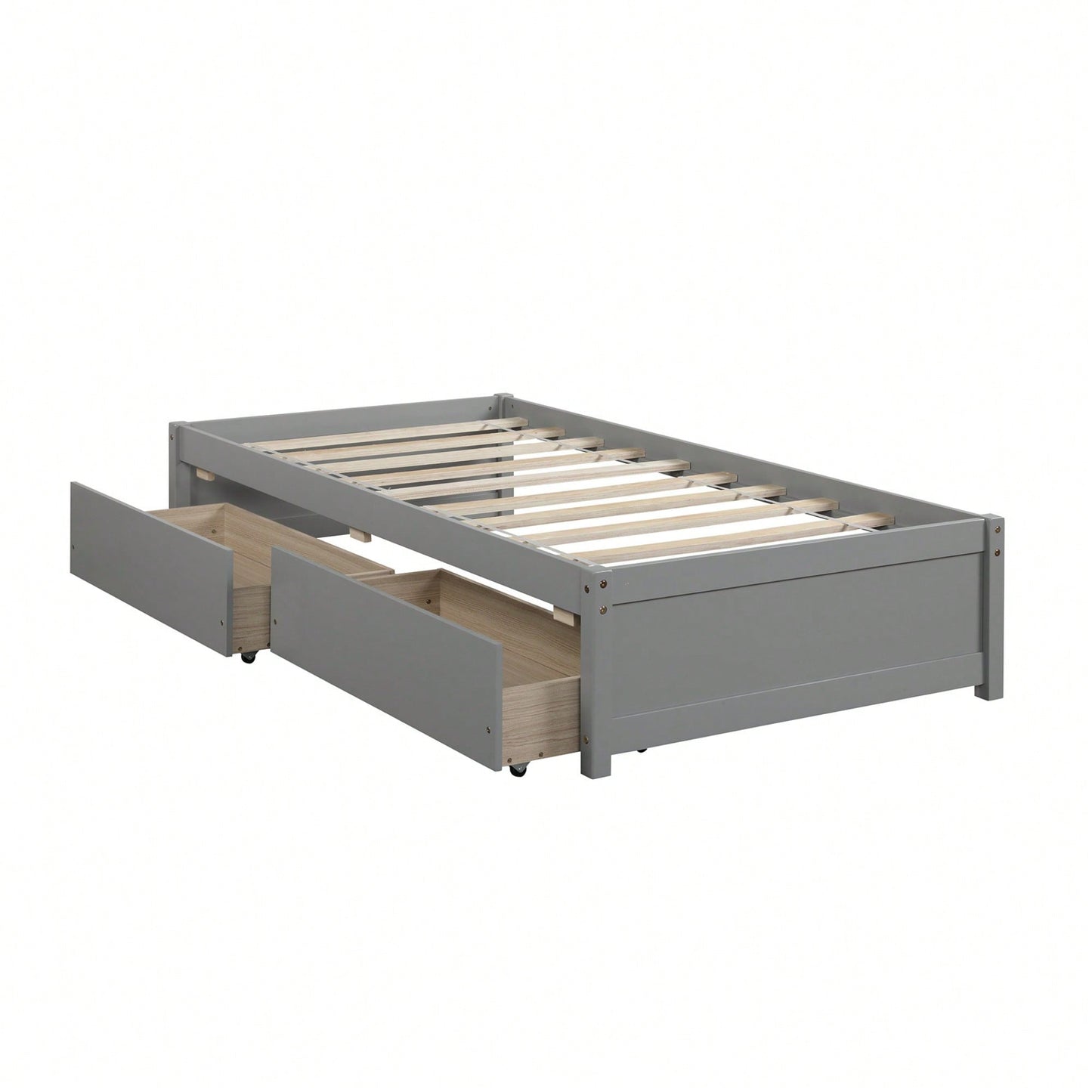 Solid Wood Twin Bed With 2 Storage Drawers, No Box Spring Required, Grey Finish