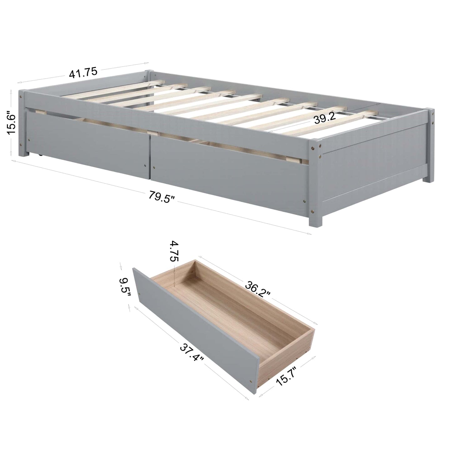 Solid Wood Twin Bed With 2 Storage Drawers, No Box Spring Required, Grey Finish