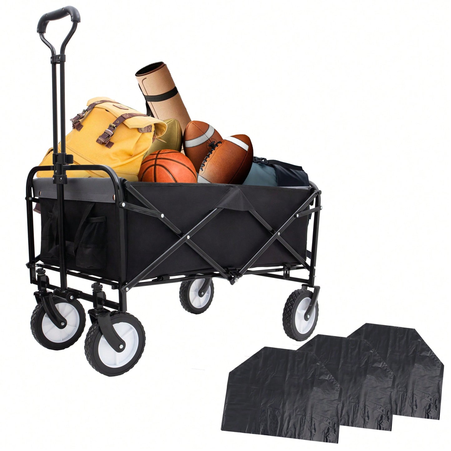 Heavy-Duty Collapsible Utility Wagon Cart With Strapping System For Beach Camping Shopping Gardening And Fishing Includes 3 Plastic Liner Bags Black