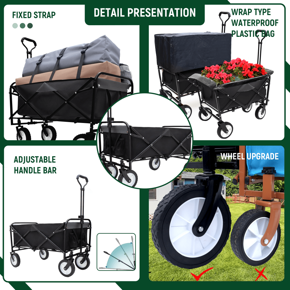 Heavy-Duty Collapsible Utility Wagon Cart With Strapping System For Beach Camping Shopping Gardening And Fishing Includes 3 Plastic Liner Bags Black