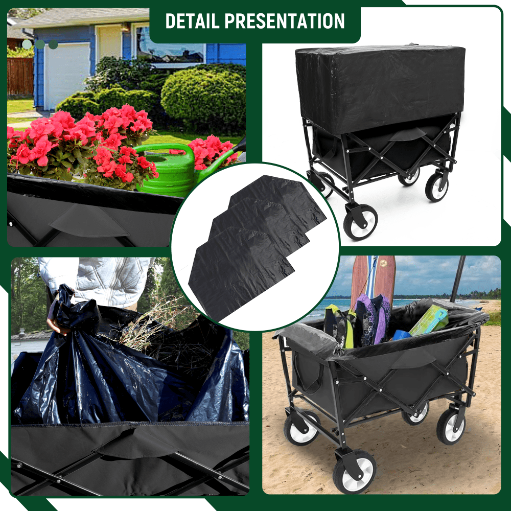 Heavy-Duty Collapsible Utility Wagon Cart With Strapping System For Beach Camping Shopping Gardening And Fishing Includes 3 Plastic Liner Bags Black