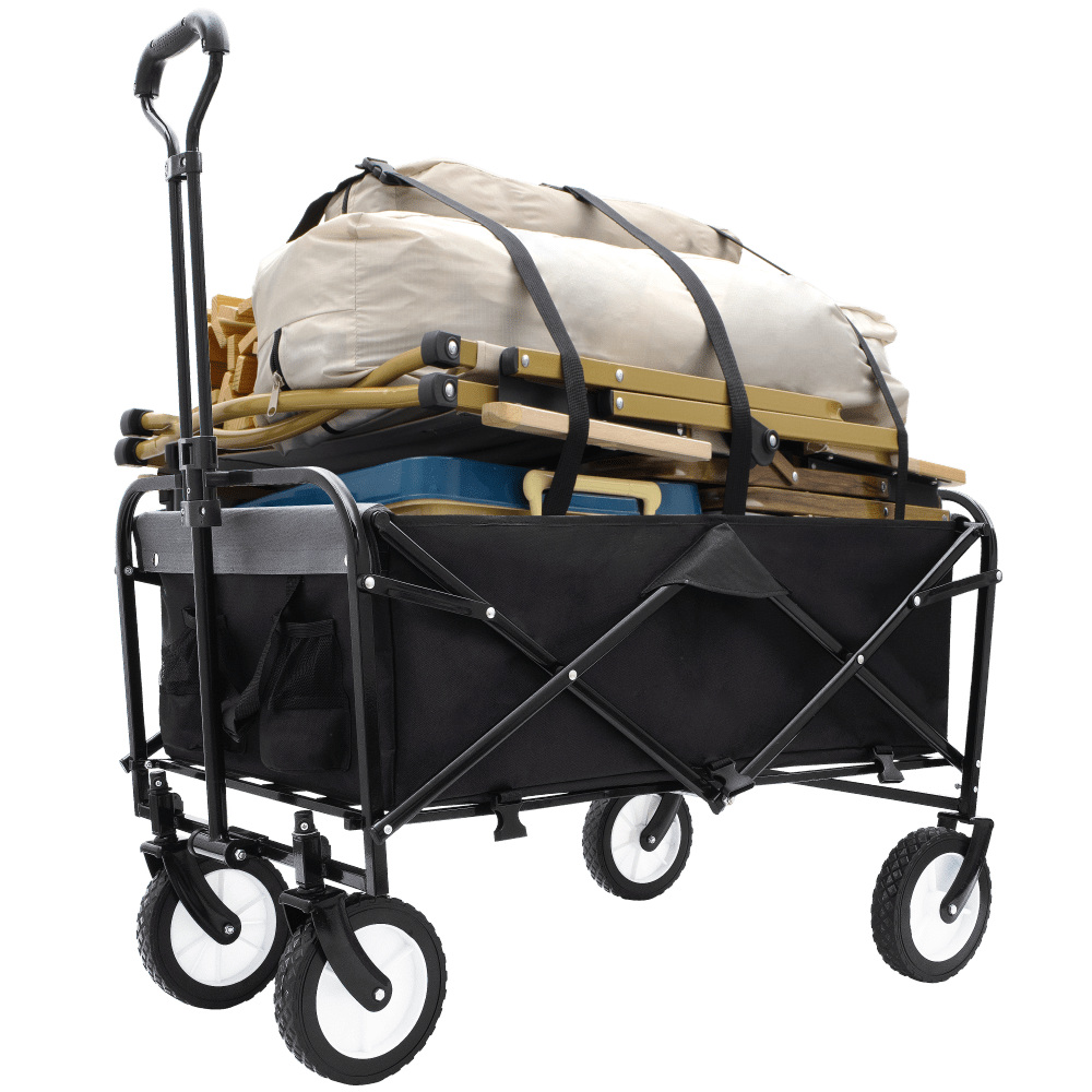 Heavy-Duty Collapsible Utility Wagon Cart With Strapping System For Beach Camping Shopping Gardening And Fishing Includes 3 Plastic Liner Bags Black