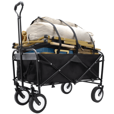 Heavy-Duty Collapsible Utility Wagon Cart With Strapping System For Beach Camping Shopping Gardening And Fishing Includes 3 Plastic Liner Bags Black