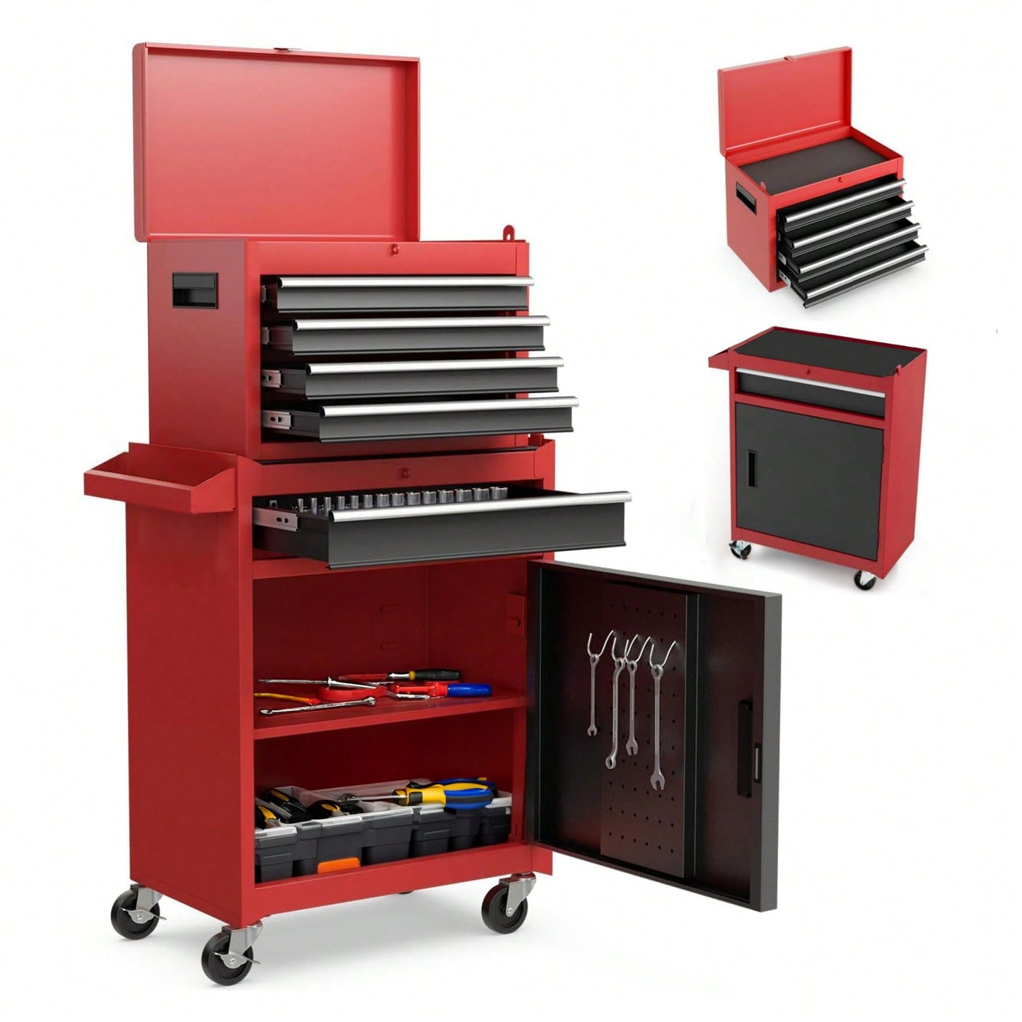 5-Drawer Rolling Tool Storage Cabinet With Detachable Top Box, Lockable Wheels, Adjustable Shelf, And Metal Construction For Garage And Workshop Organization