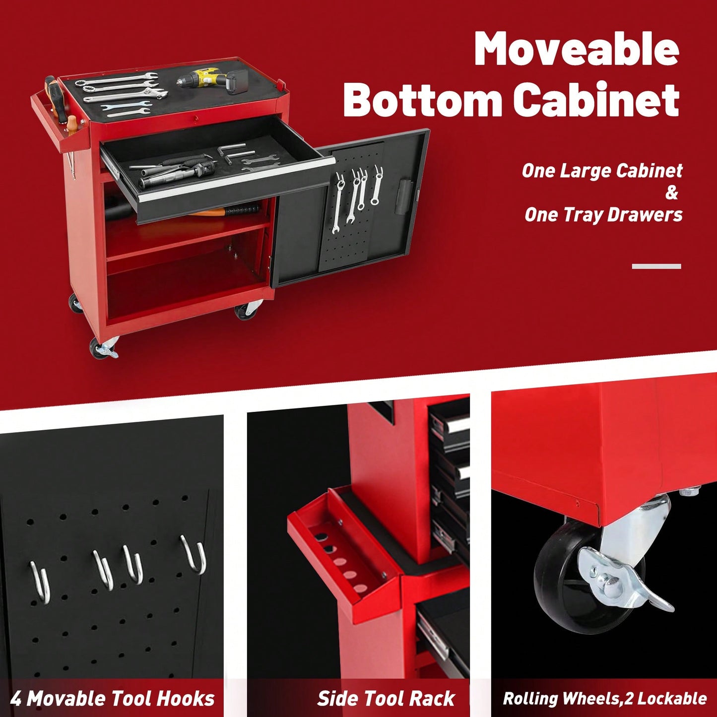 5-Drawer Rolling Tool Storage Cabinet With Detachable Top Box, Lockable Wheels, Adjustable Shelf, And Metal Construction For Garage And Workshop Organization