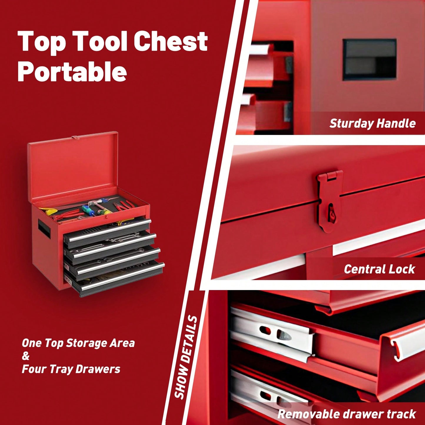 5-Drawer Rolling Tool Storage Cabinet With Detachable Top Box, Lockable Wheels, Adjustable Shelf, And Metal Construction For Garage And Workshop Organization