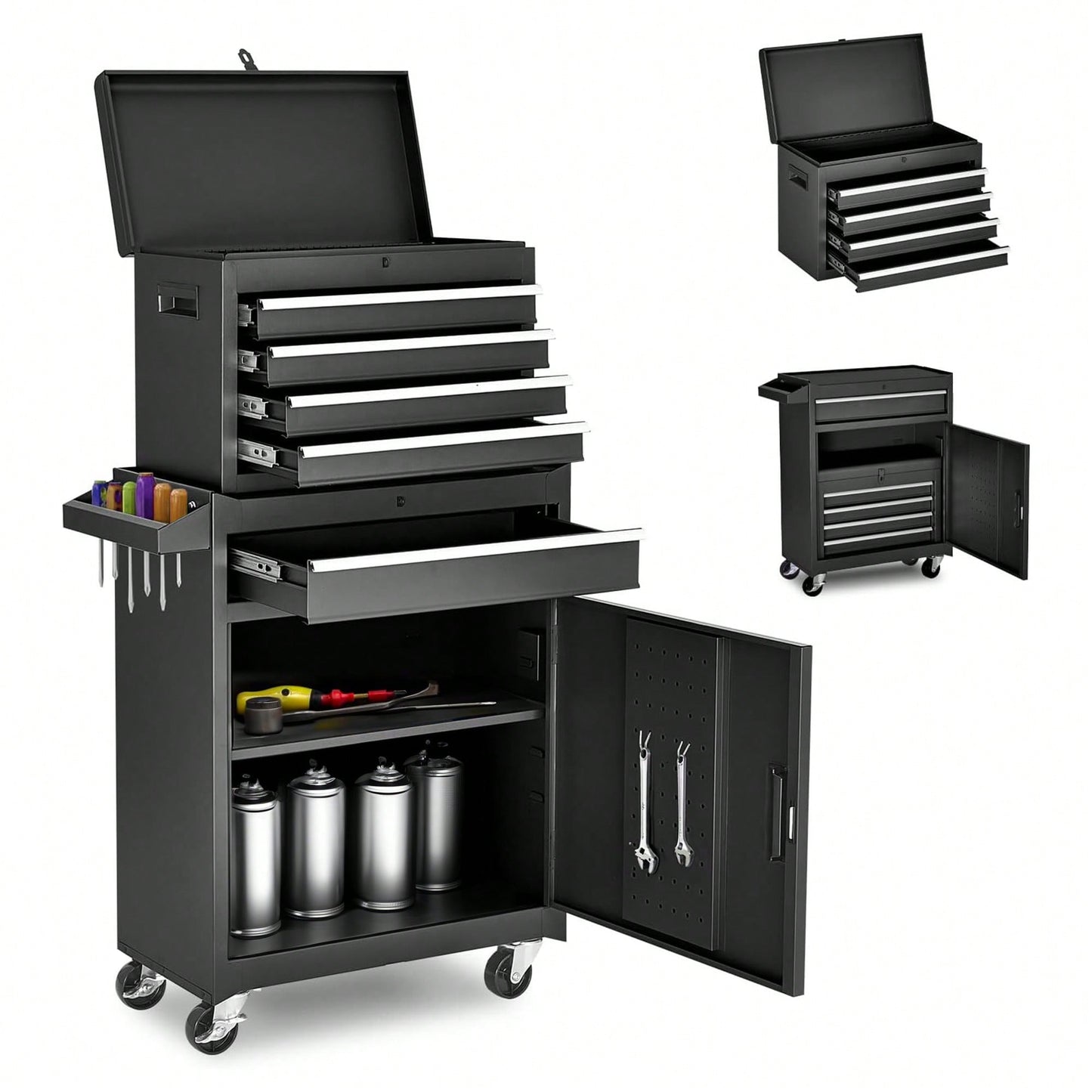 5-Drawer Rolling Tool Storage Cabinet With Detachable Top Box, Lockable Wheels, Adjustable Shelf, And Metal Construction For Garage And Workshop Organization