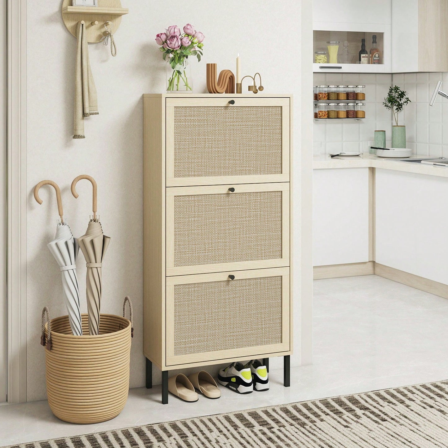 Modern Freestanding 3 Door Shoe Storage Cabinet For Entryway Organization