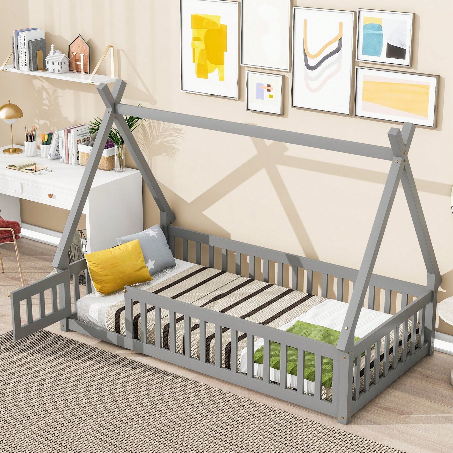 Twin Tent-Shaped Floor Bed With Guardrails And Slats In Grey For Safe And Cozy Sleep Space