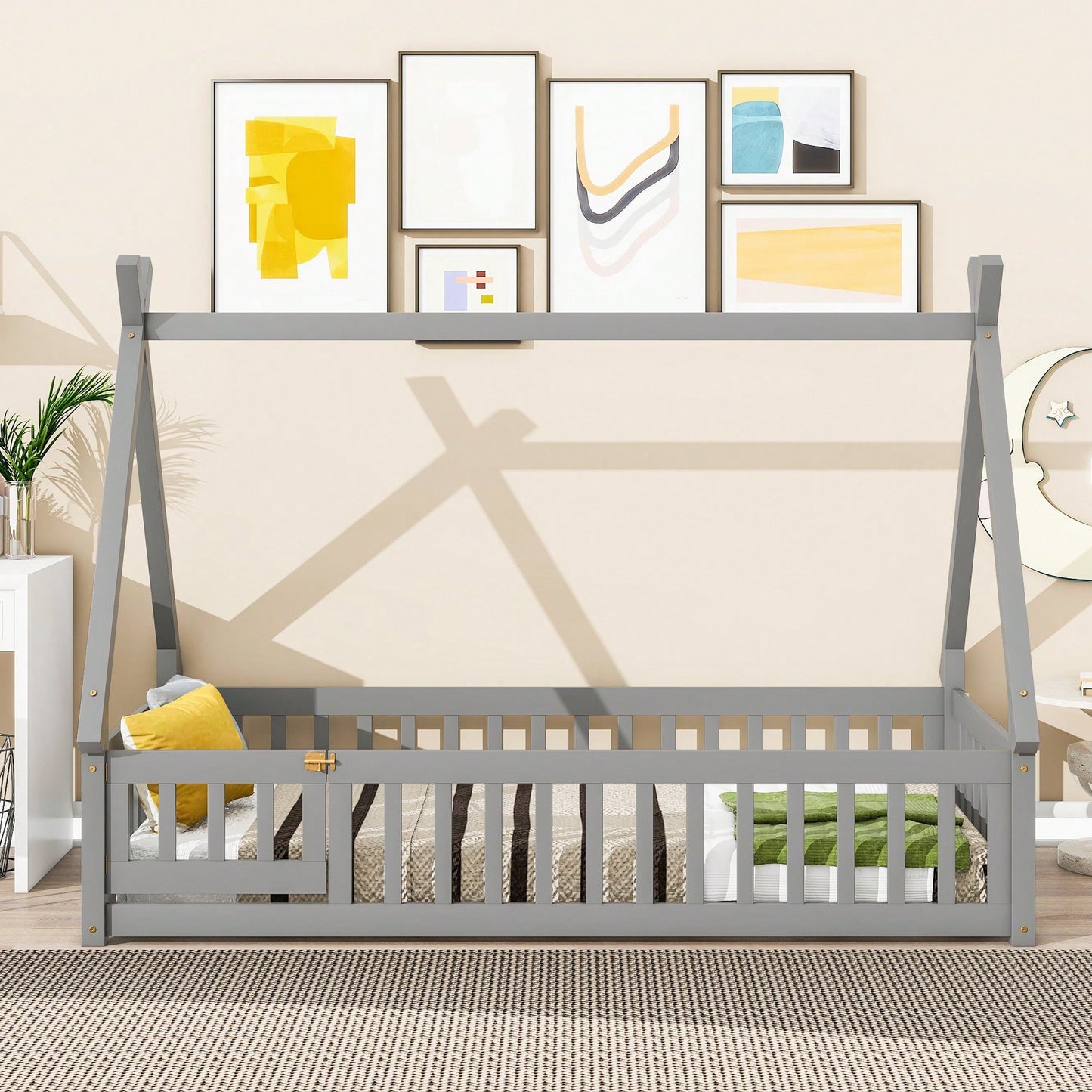 Twin Tent-Shaped Floor Bed With Guardrails And Slats In Grey For Safe And Cozy Sleep Space