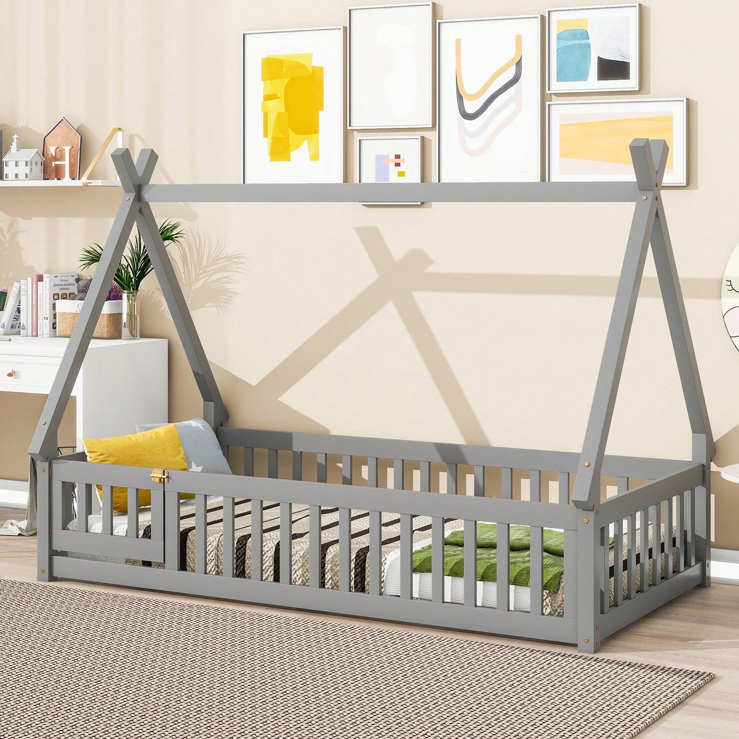 Twin Tent-Shaped Floor Bed With Guardrails And Slats In Grey For Safe And Cozy Sleep Space