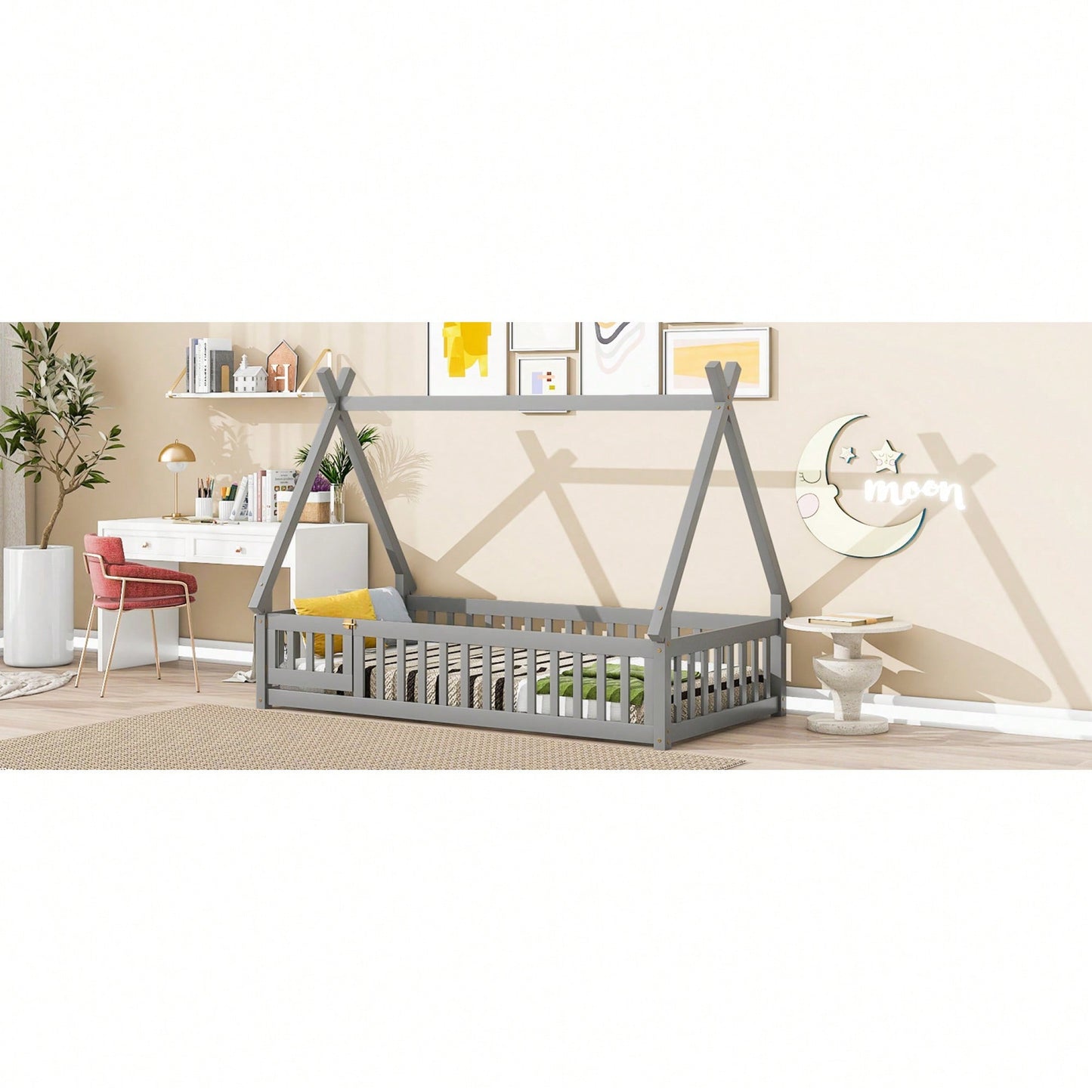 Twin Tent-Shaped Floor Bed With Guardrails And Slats In Grey For Safe And Cozy Sleep Space