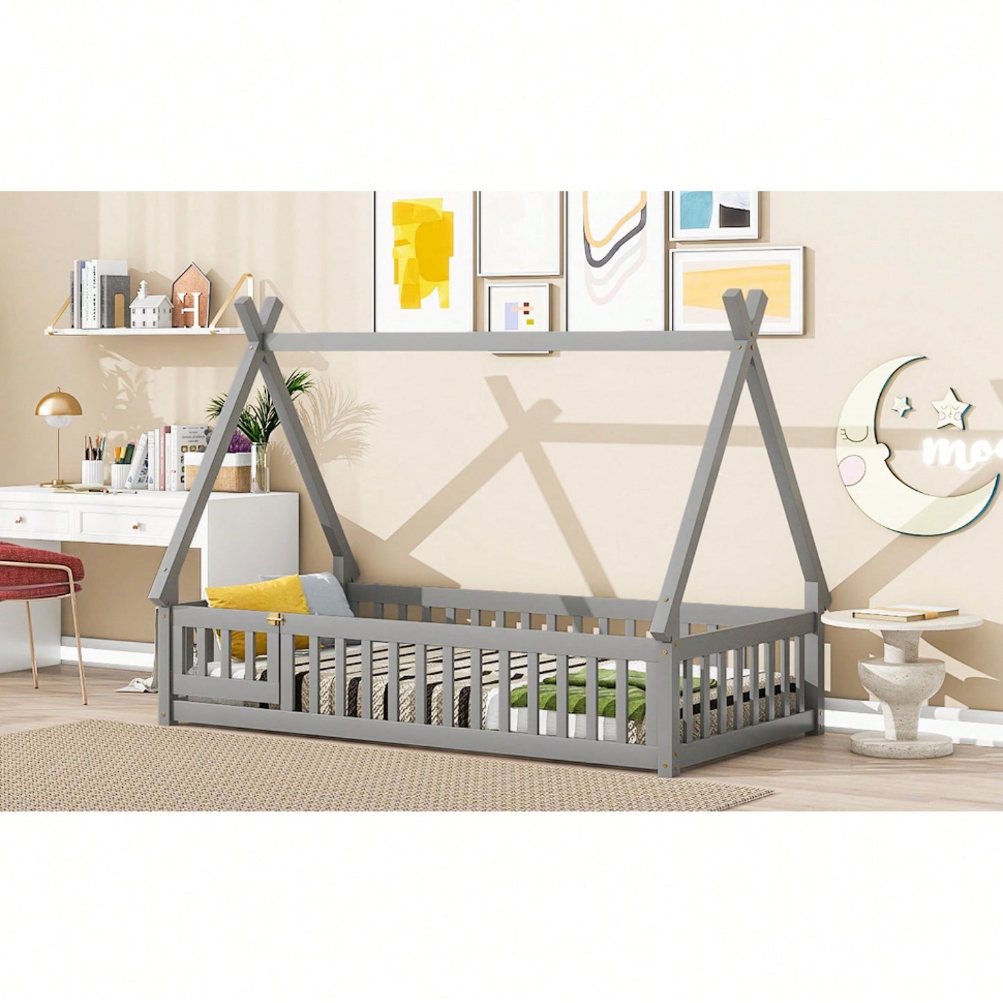 Twin Tent-Shaped Floor Bed With Guardrails And Slats In Grey For Safe And Cozy Sleep Space