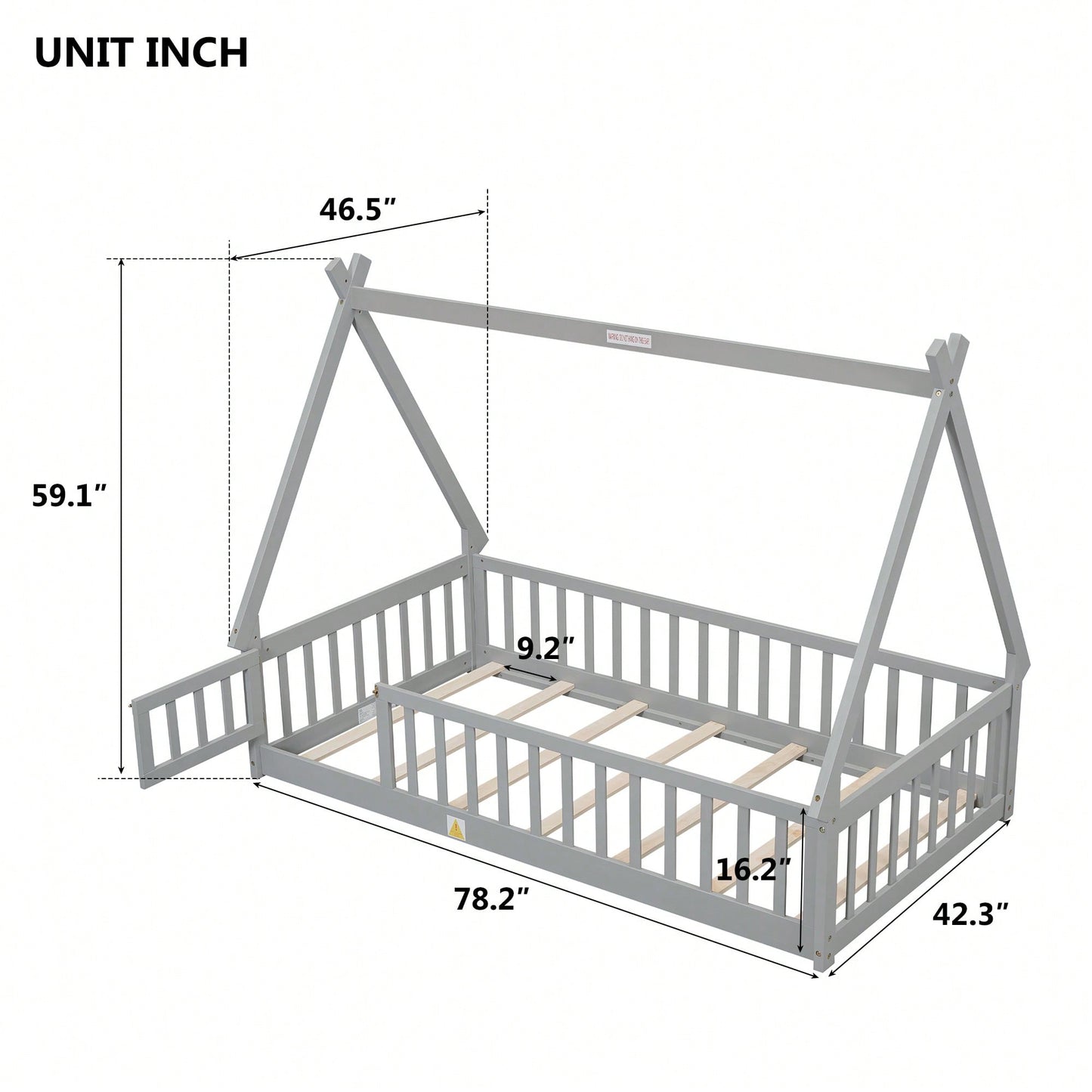 Twin Tent-Shaped Floor Bed With Guardrails And Slats In Grey For Safe And Cozy Sleep Space