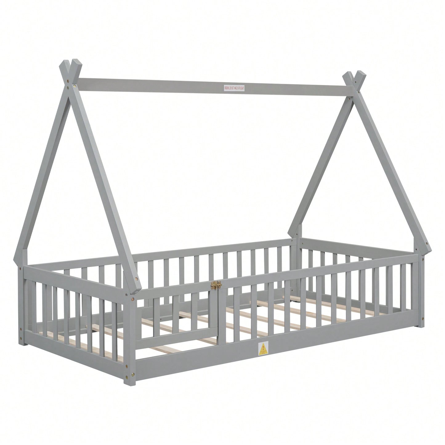 Twin Tent-Shaped Floor Bed With Guardrails And Slats In Grey For Safe And Cozy Sleep Space