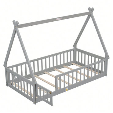 Twin Tent-Shaped Floor Bed With Guardrails And Slats In Grey For Safe And Cozy Sleep Space