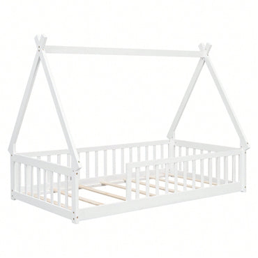 Twin Teepee Floor Bed With Guardrails And Slats In White