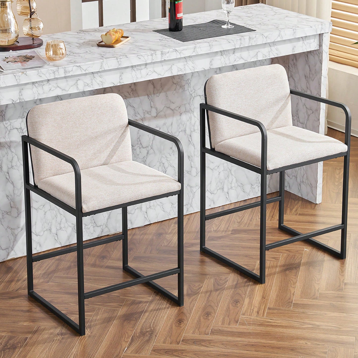 Set Of 2 Modern Upholstered Counter Height Bar Stools With Armrests And Metal Frame For Kitchen Island Home Bar Or Restaurant Beige