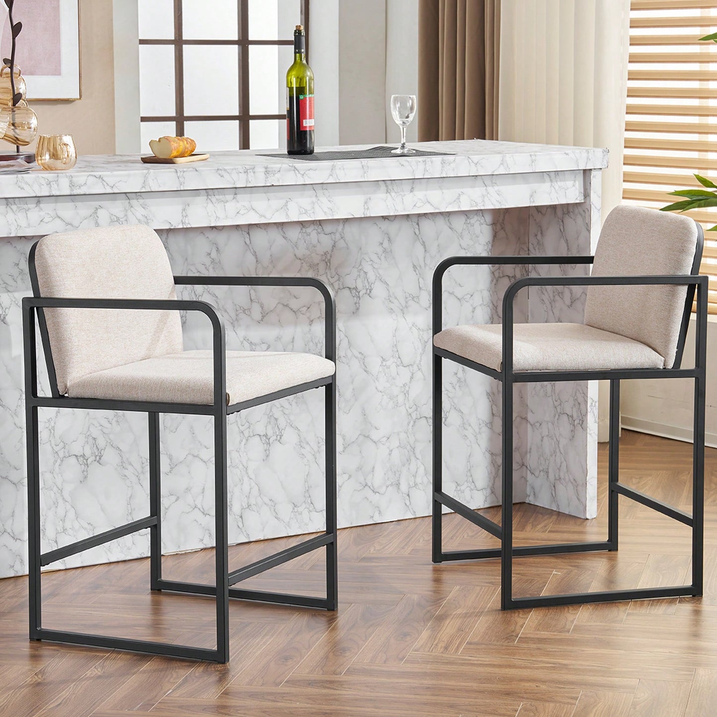 Set Of 2 Modern Upholstered Counter Height Bar Stools With Armrests And Metal Frame For Kitchen Island Home Bar Or Restaurant Beige