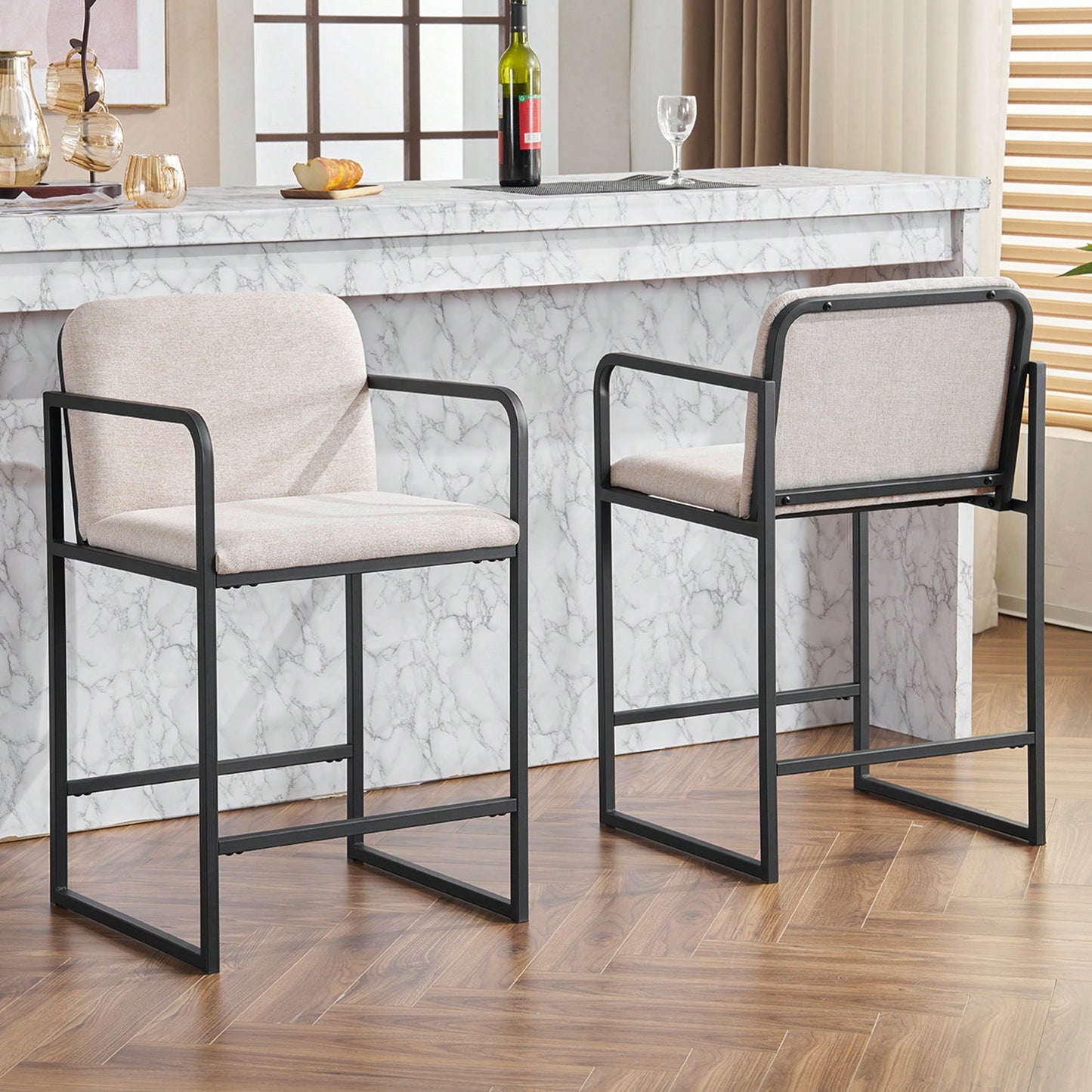 Set Of 2 Modern Upholstered Counter Height Bar Stools With Armrests And Metal Frame For Kitchen Island Home Bar Or Restaurant Beige