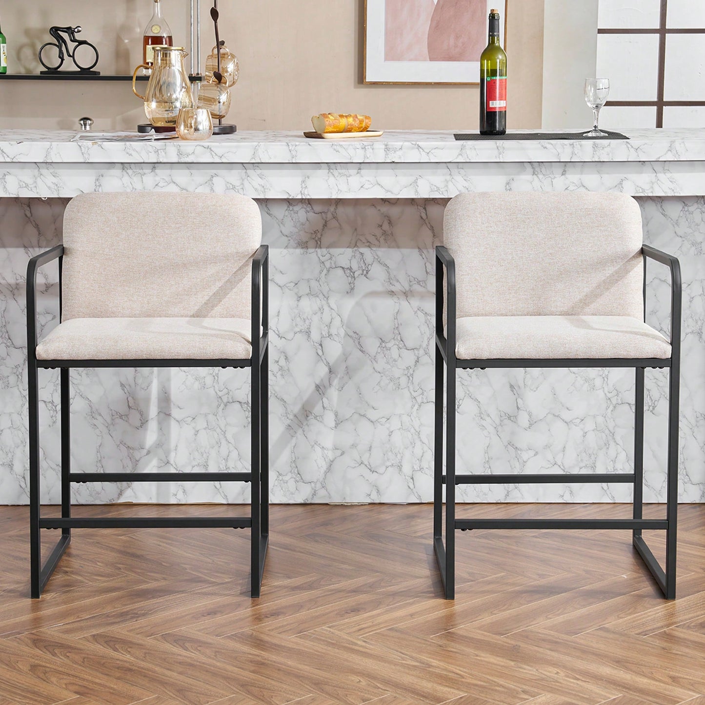 Set Of 2 Modern Upholstered Counter Height Bar Stools With Armrests And Metal Frame For Kitchen Island Home Bar Or Restaurant Beige