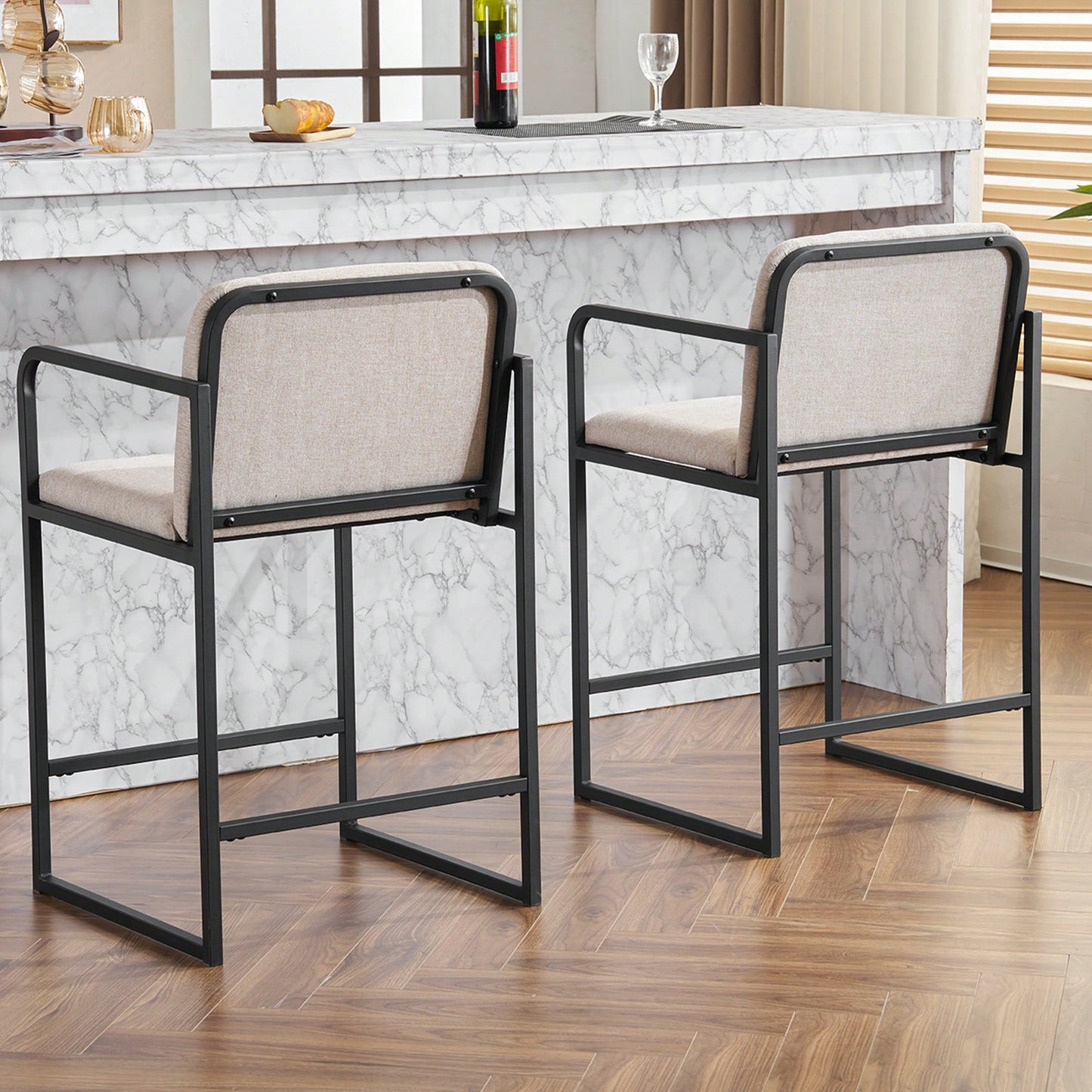 Set Of 2 Modern Upholstered Counter Height Bar Stools With Armrests And Metal Frame For Kitchen Island Home Bar Or Restaurant Beige