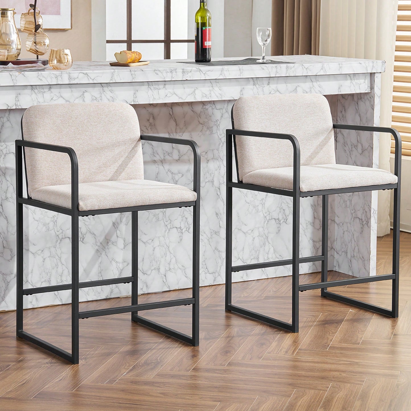 Set Of 2 Modern Upholstered Counter Height Bar Stools With Armrests And Metal Frame For Kitchen Island Home Bar Or Restaurant Beige