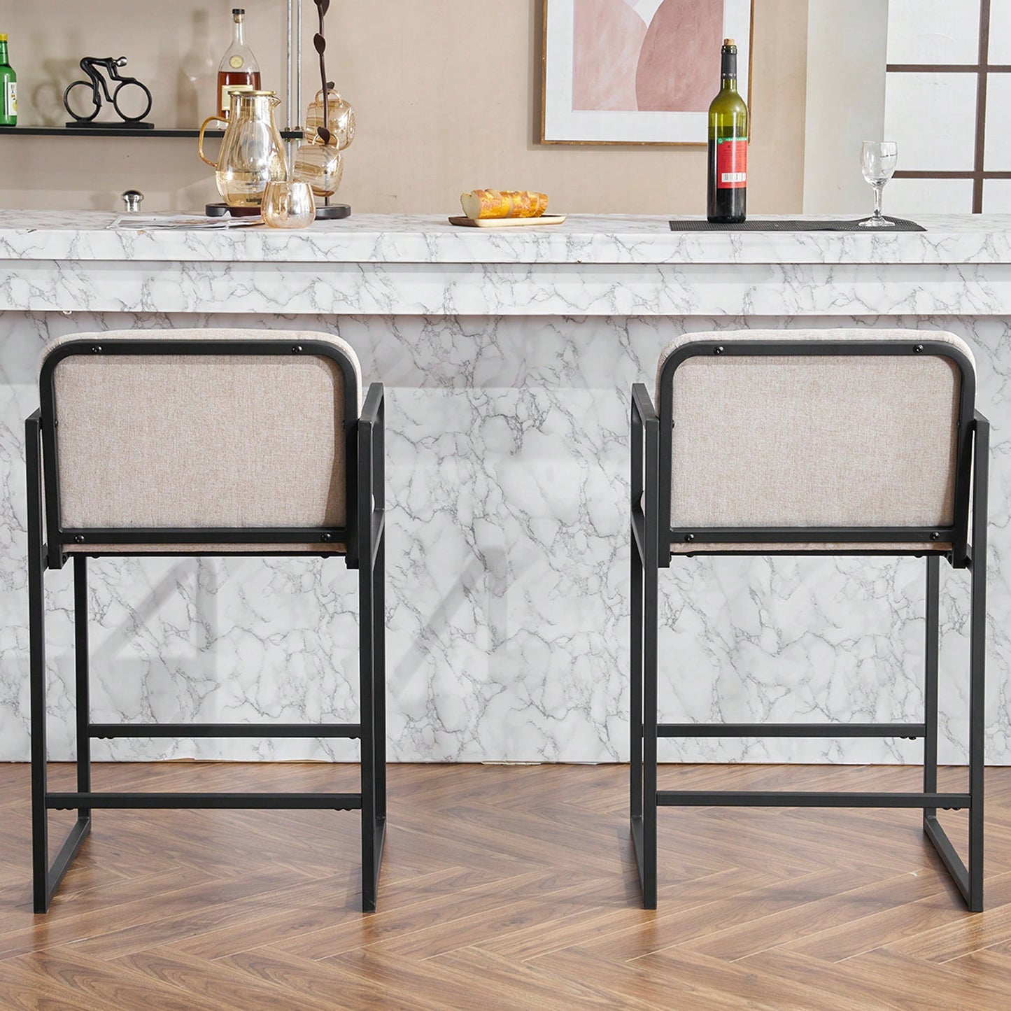 Set Of 2 Modern Upholstered Counter Height Bar Stools With Armrests And Metal Frame For Kitchen Island Home Bar Or Restaurant Beige