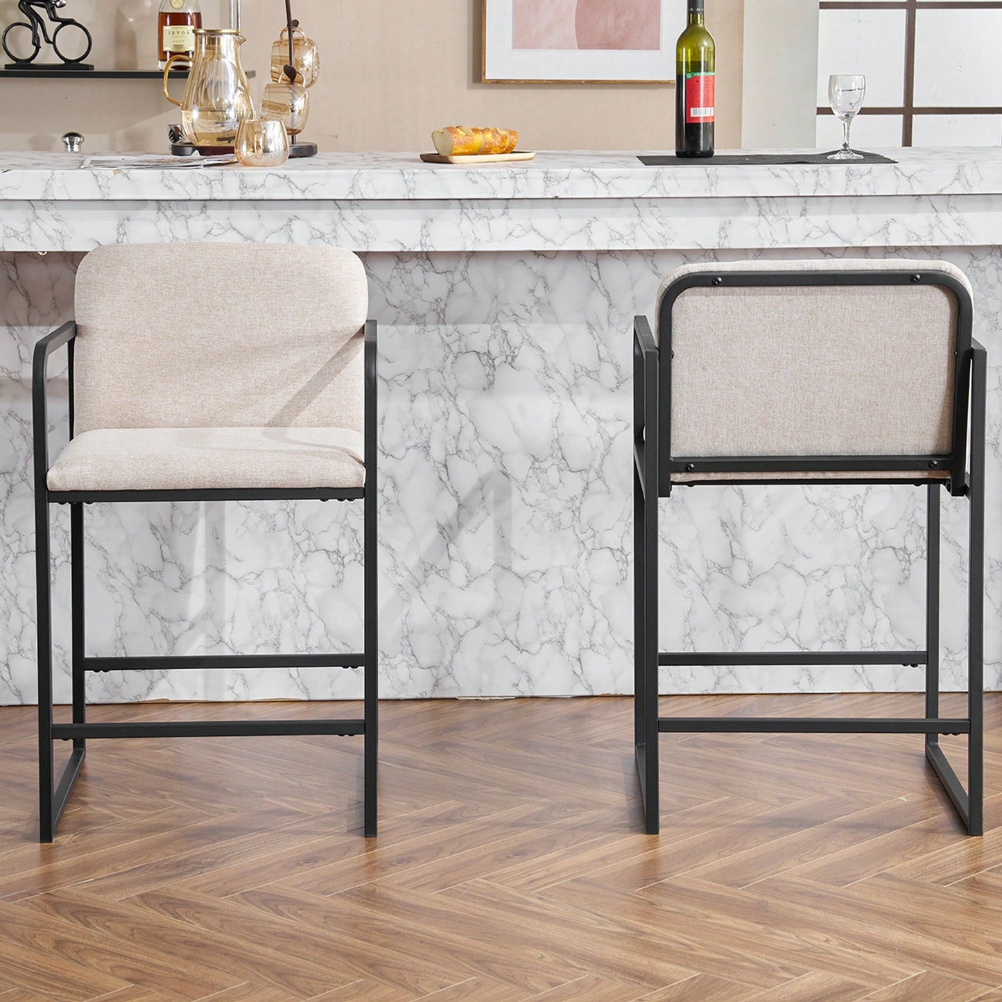 Set Of 2 Modern Upholstered Counter Height Bar Stools With Armrests And Metal Frame For Kitchen Island Home Bar Or Restaurant Beige