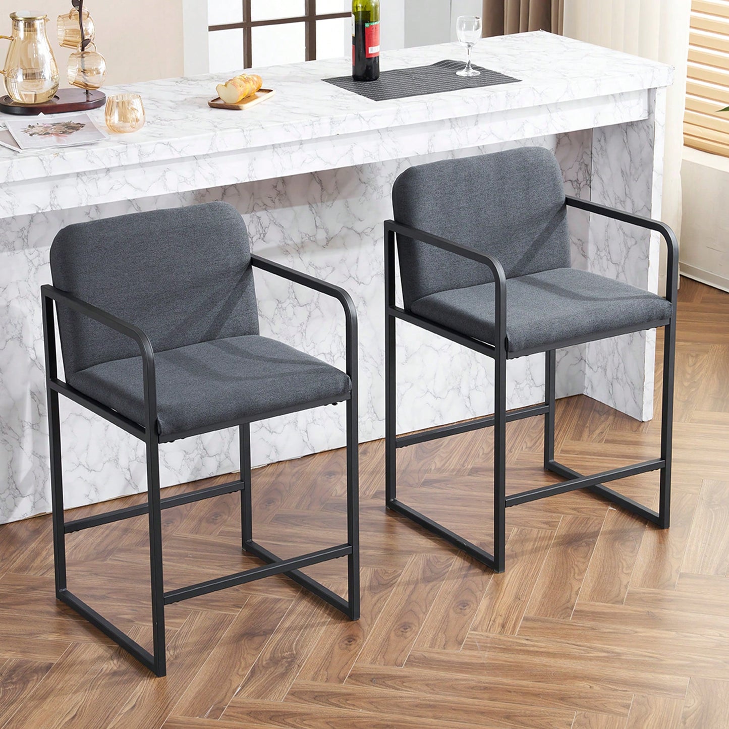 Set Of 2 Modern Upholstered Counter Height Bar Stools With Armrests And Metal Frame For Kitchen Island Home Bar Or Restaurant Beige