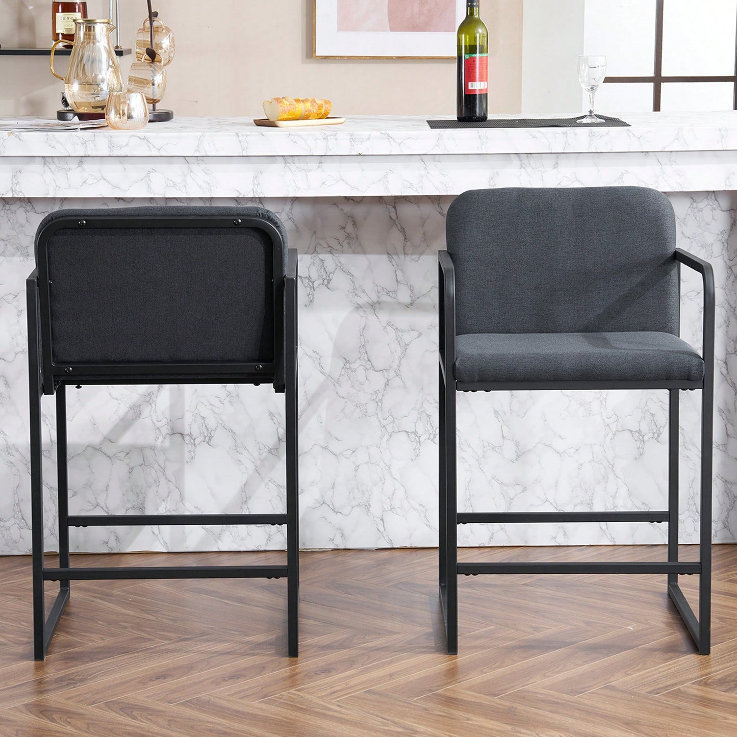 Set Of 2 Modern Upholstered Counter Height Bar Stools With Armrests And Metal Frame For Kitchen Island Home Bar Or Restaurant Beige