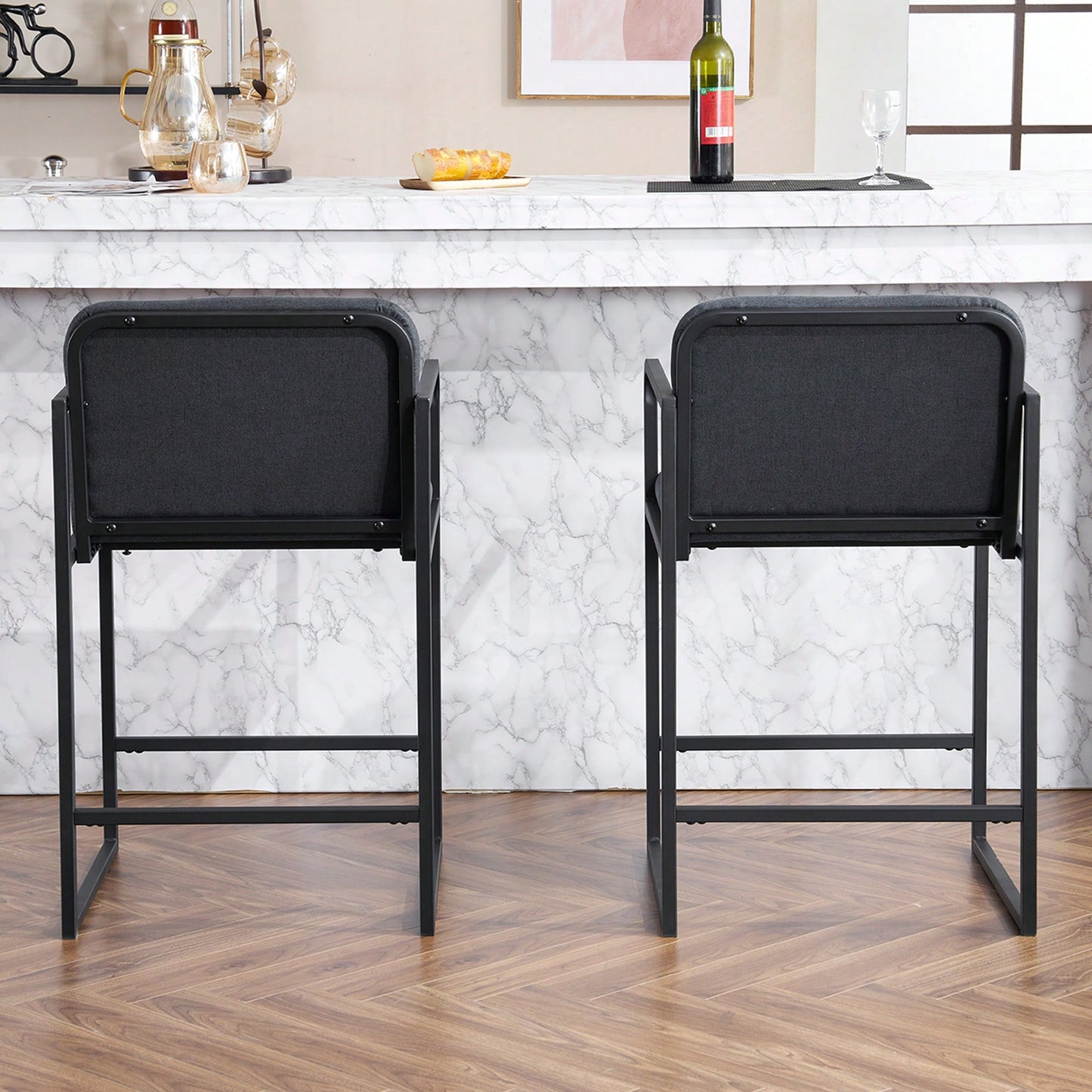 Set Of 2 Modern Upholstered Counter Height Bar Stools With Armrests And Metal Frame For Kitchen Island Home Bar Or Restaurant Beige