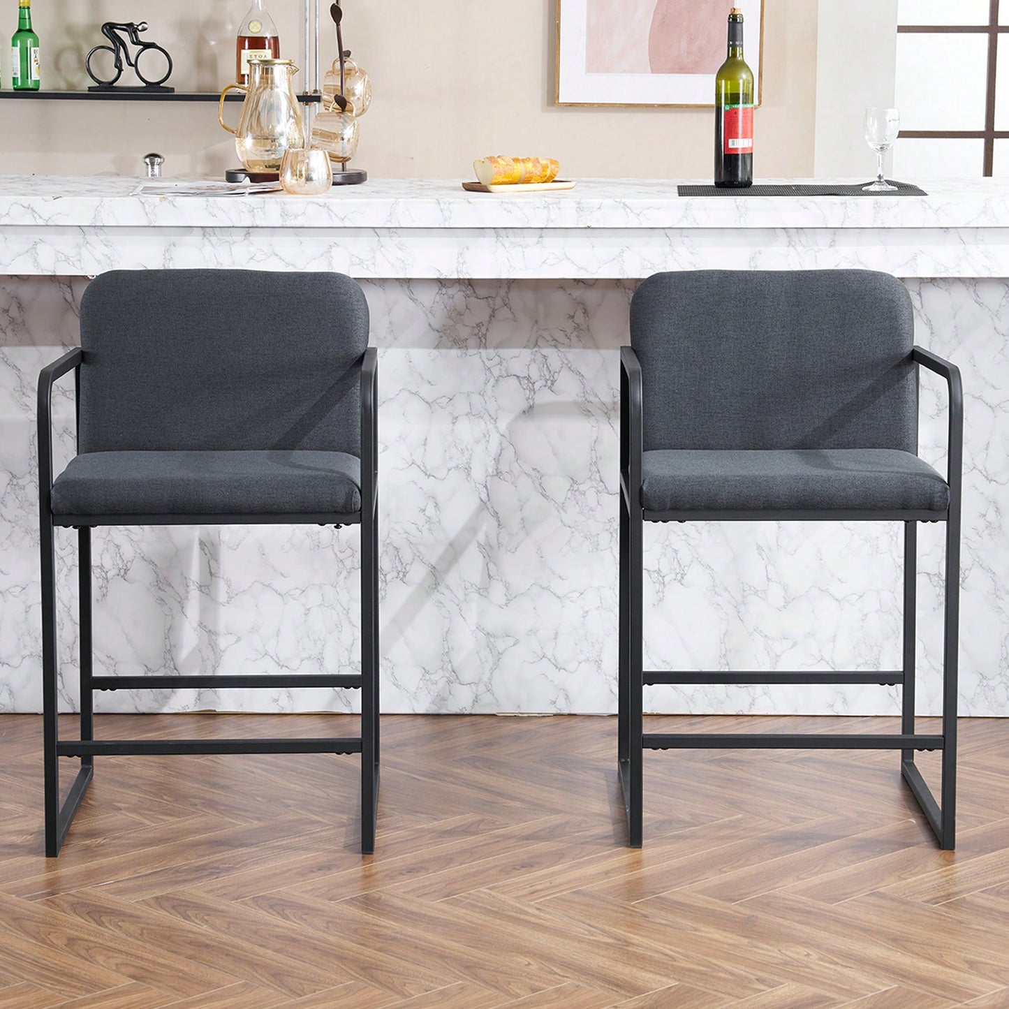 Set Of 2 Modern Upholstered Counter Height Bar Stools With Armrests And Metal Frame For Kitchen Island Home Bar Or Restaurant Beige