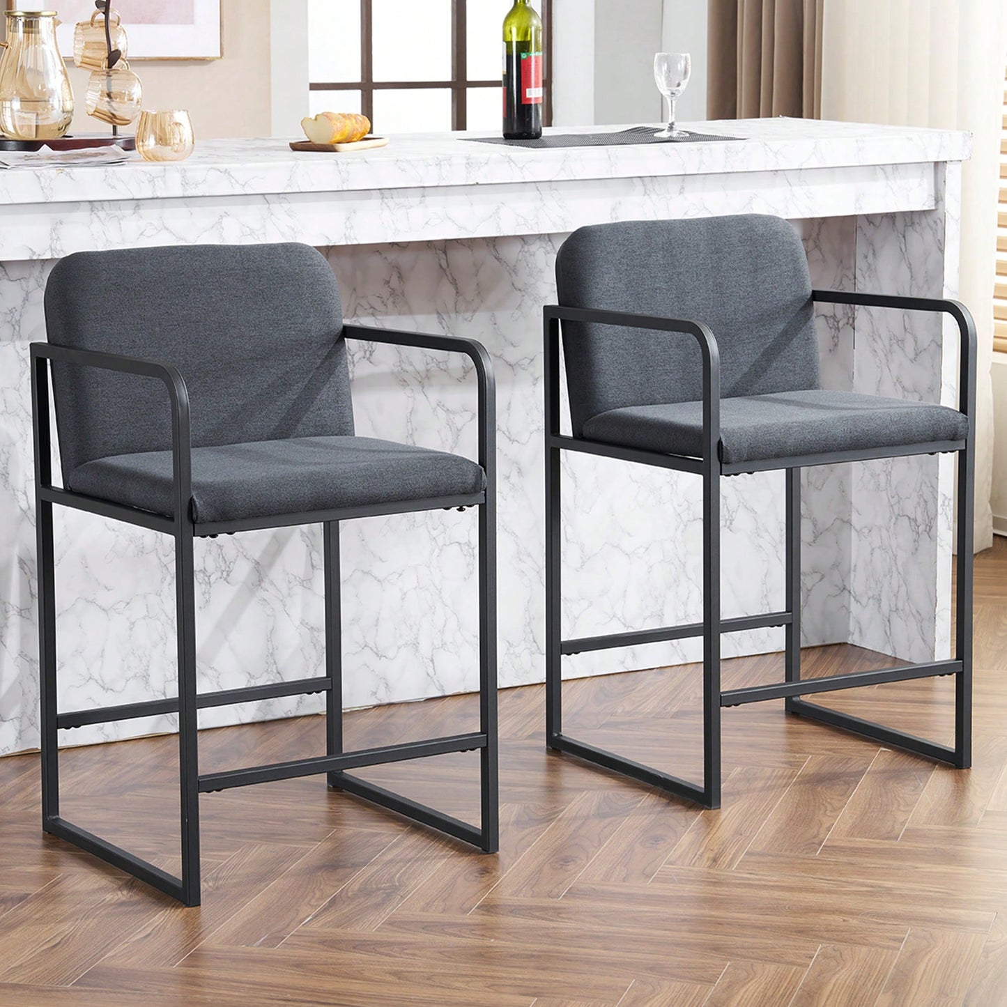 Set Of 2 Modern Upholstered Counter Height Bar Stools With Armrests And Metal Frame For Kitchen Island Home Bar Or Restaurant Beige